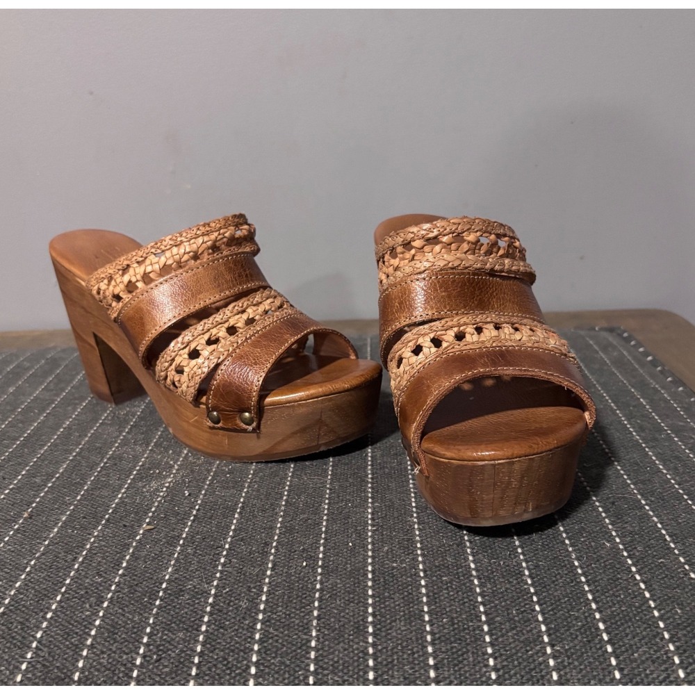 BED STU Brown Leather Woven Platform Mule Sandals Boho Heels Sz 7